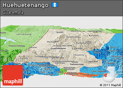 Shaded Relief Panoramic Map of Huehuetenango, political shades outside