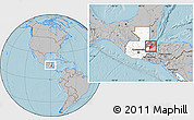 Gray Location Map of Los Amates, highlighted country, highlighted parent region, within the entire country, hill shading