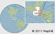 Savanna Style Location Map of Los Amates, highlighted country, hill shading