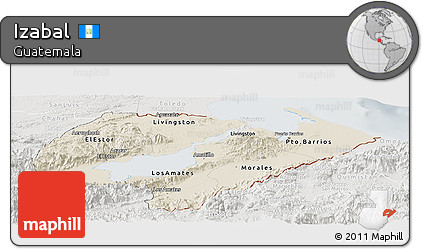 Shaded Relief Panoramic Map of Izabal, lighten, semi-desaturated