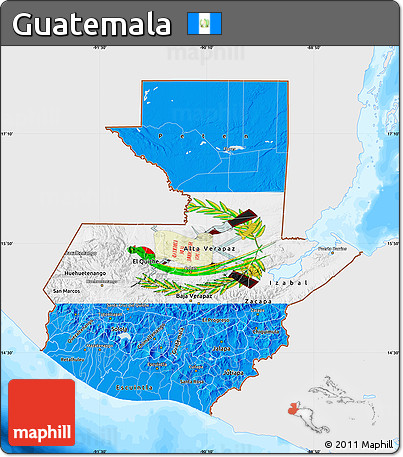 Flag Map of Guatemala, single color outside, bathymetry sea, flag rotated