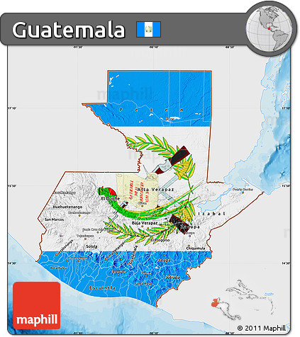 Flag Map of Guatemala, single color outside, bathymetry sea, shaded relief sea, flag aligned to the middle