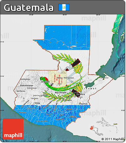 Flag Map of Guatemala, single color outside, satellite sea, flag aligned to the middle