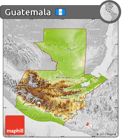 Physical Map of Guatemala, lighten, desaturated