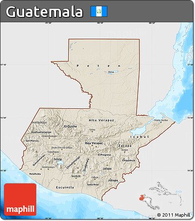 Shaded Relief Map of Guatemala, single color outside, bathymetry sea