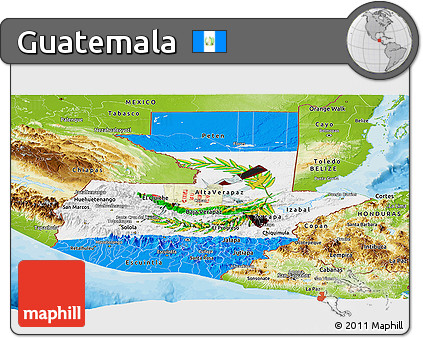 Flag Panoramic Map of Guatemala, physical outside, bathymetry sea, flag aligned to the middle
