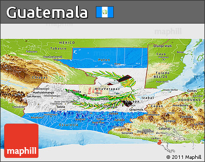Flag Panoramic Map of Guatemala, physical outside, bathymetry sea, flag aligned to the middle