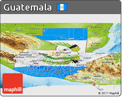 Flag Panoramic Map of Guatemala, physical outside, bathymetry sea, flag aligned to the middle