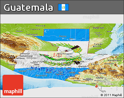 Flag Panoramic Map of Guatemala, physical outside, flag aligned to the middle