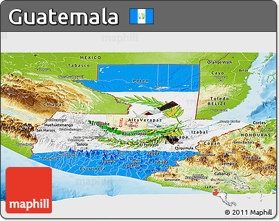 Flag Panoramic Map of Guatemala, physical outside, flag aligned to the middle