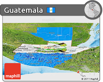 Flag Panoramic Map of Guatemala, satellite outside, bathymetry sea, flag rotated