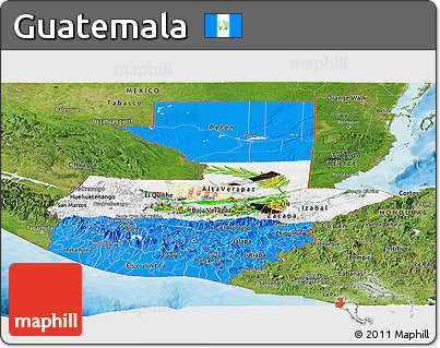 Flag Panoramic Map of Guatemala, satellite outside, bathymetry sea, flag rotated