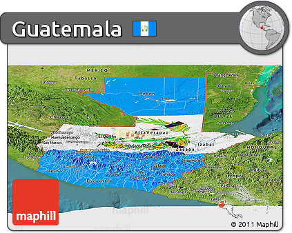 Flag Panoramic Map of Guatemala, satellite outside, flag rotated
