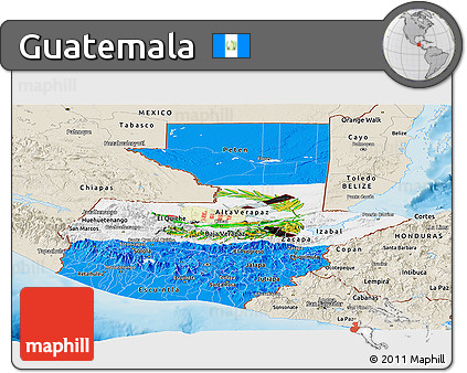 Flag Panoramic Map of Guatemala, shaded relief outside, flag rotated