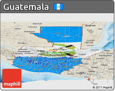 Flag Panoramic Map of Guatemala, shaded relief outside, flag rotated