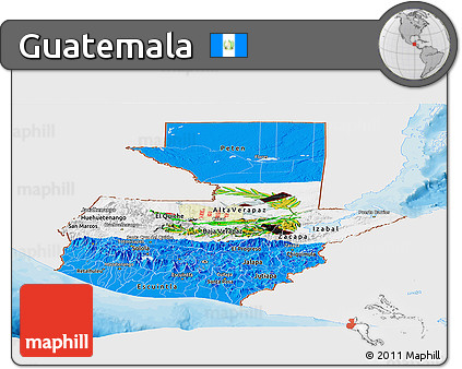 Flag Panoramic Map of Guatemala, single color outside, bathymetry sea, shaded relief sea, flag rotated