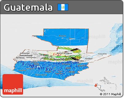 Flag Panoramic Map of Guatemala, single color outside, bathymetry sea, shaded relief sea, flag rotated