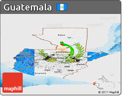 Flag Panoramic Map of Guatemala, single color outside, shaded relief sea, flag centered