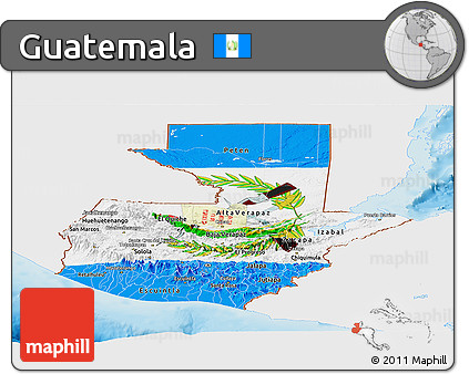 Flag Panoramic Map of Guatemala, single color outside, shaded relief sea, flag aligned to the middle