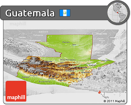 Physical Panoramic Map of Guatemala, lighten, desaturated