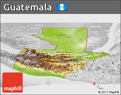 Physical Panoramic Map of Guatemala, lighten, desaturated