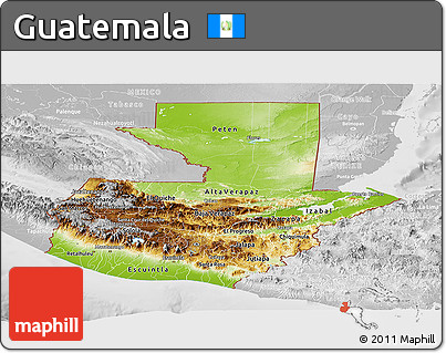 Physical Panoramic Map of Guatemala, lighten, desaturated