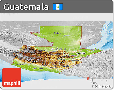 Physical Panoramic Map of Guatemala, lighten, desaturated, land only