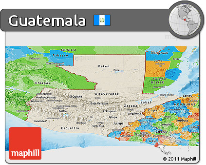 Shaded Relief Panoramic Map of Guatemala, political outside, shaded relief sea