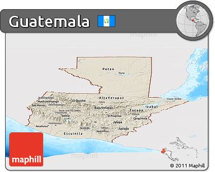 Shaded Relief Panoramic Map of Guatemala, single color outside, bathymetry sea