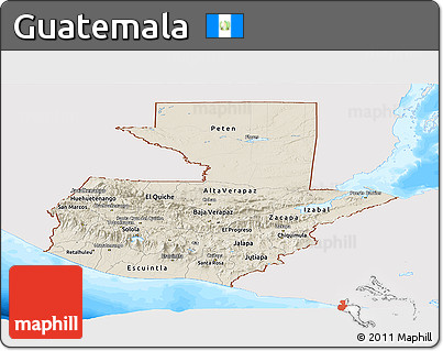 Shaded Relief Panoramic Map of Guatemala, single color outside, bathymetry sea