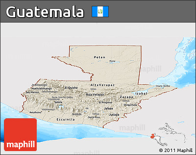 Shaded Relief Panoramic Map of Guatemala, single color outside, bathymetry sea