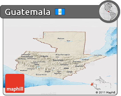Shaded Relief Panoramic Map of Guatemala, single color outside