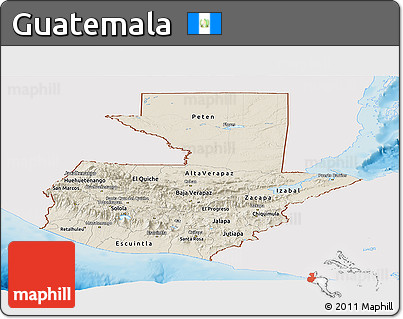 Shaded Relief Panoramic Map of Guatemala, single color outside