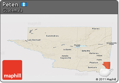 Shaded Relief Panoramic Map of Peten, single color outside