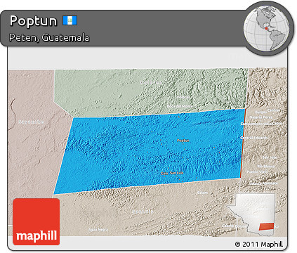 Political 3D Map of Poptun, lighten, semi-desaturated