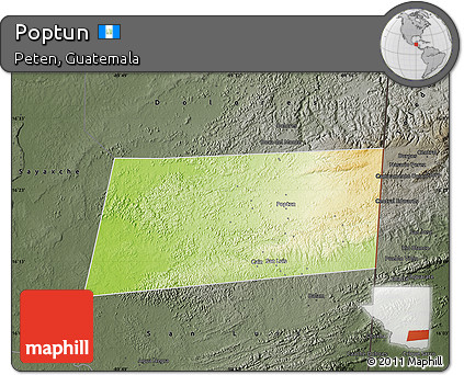 Physical Map of Poptun, darken, semi-desaturated