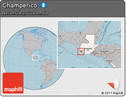 Gray Location Map of Champerico, highlighted country, highlighted parent region, within the entire country, hill shading