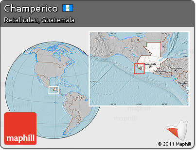 Gray Location Map of Champerico, highlighted country, highlighted parent region, hill shading