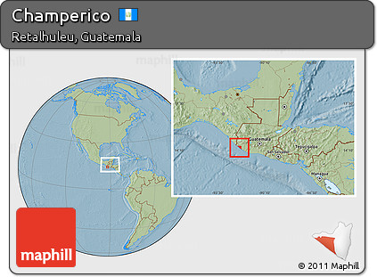 Savanna Style Location Map of Champerico, within the entire country, hill shading