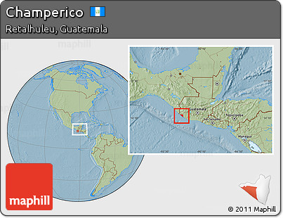 Savanna Style Location Map of Champerico, within the entire country, hill shading