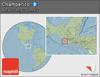 Savanna Style Location Map of Champerico, within the entire country, hill shading