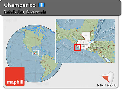 Savanna Style Location Map of Champerico, highlighted country, highlighted parent region, within the entire country, hill shading