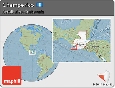 Savanna Style Location Map of Champerico, highlighted country, highlighted parent region, within the entire country, hill shading