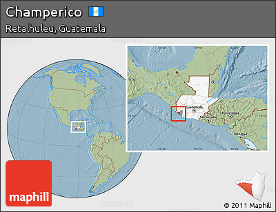 Savanna Style Location Map of Champerico, highlighted country, highlighted parent region, within the entire country, hill shading
