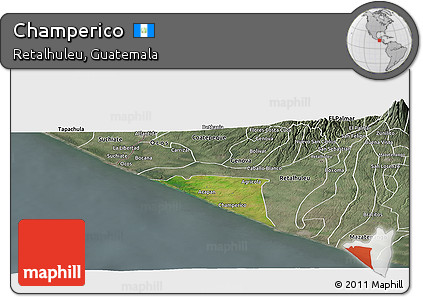 Satellite Panoramic Map of Champerico, semi-desaturated