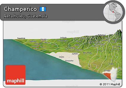 Shaded Relief Panoramic Map of Champerico, satellite outside