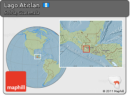Savanna Style Location Map of Lago Atitlan, highlighted parent region, within the entire country, hill shading