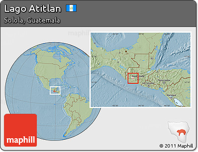 Savanna Style Location Map of Lago Atitlan, highlighted parent region, within the entire country, hill shading