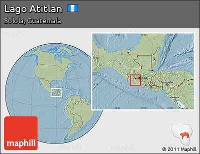 Savanna Style Location Map of Lago Atitlan, highlighted parent region, within the entire country, hill shading