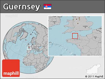 Blank Location Map of Guernsey, gray outside, hill shading outside